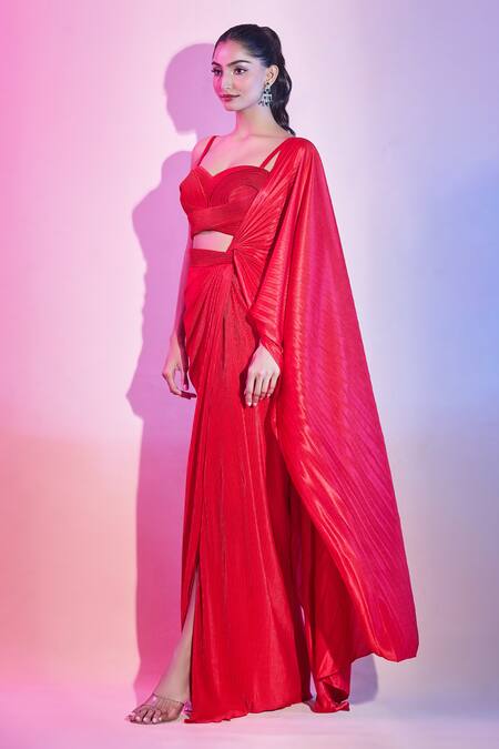 Shop Amit Aggarwal Red Georgette Sweetheart Neck Pleated Pre-draped Saree With Corded Blouse Online at Aza Fashions Shop_Amit Aggarwal_Red Georgette Sweetheart Neck Pleated Pre-draped Saree With Corded Blouse _Online_at_Aza_Fashions