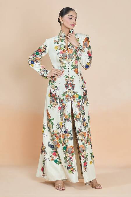 Shop Anamika Khanna White Embroidery Floral Print Long Coat And Pant Set Online at Aza Fashions Shop_Anamika Khanna_White Embroidery Floral Print Long Coat And Pant Set_Online_at_Aza_Fashions