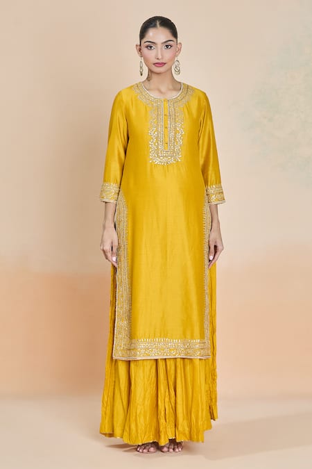 Buy_Sheetal Batra_Yellow Silk, Embroidery Round Neck Kurta Set _Online_at_Aza_Fashions