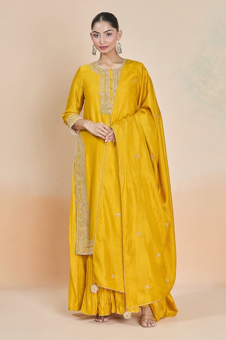 Shop_Sheetal Batra_Yellow Silk, Embroidery Round Neck Kurta Set _Online_at_Aza_Fashions
