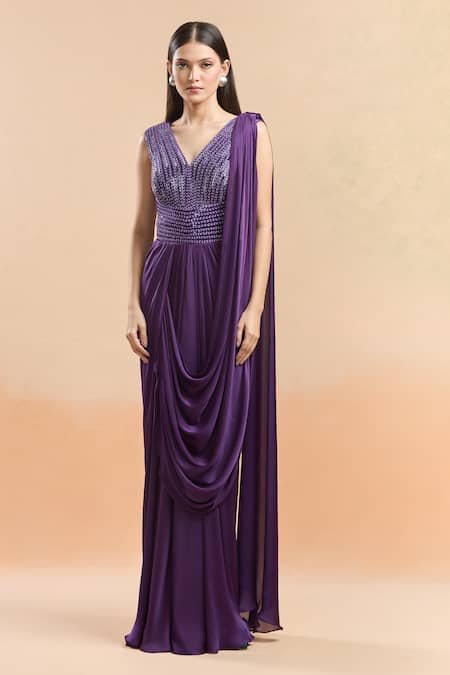 Amit Aggarwal_Purple Cut Work V-neck Cutdana Embellished Saree Gown _Online_at_Aza_Fashions