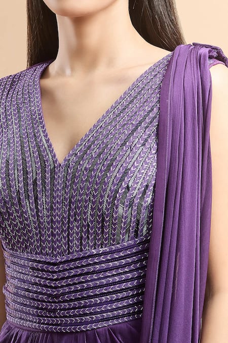 Buy_Amit Aggarwal_Purple Cut Work V-neck Cutdana Embellished Saree Gown _Online_at_Aza_Fashions