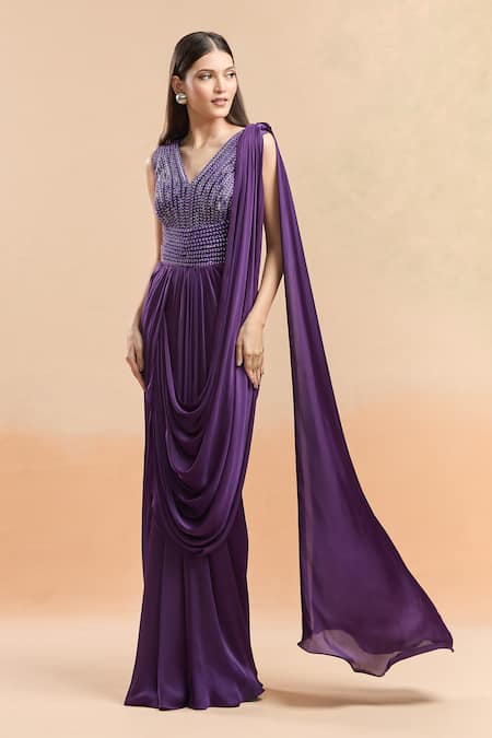 Shop_Amit Aggarwal_Purple Cut Work V-neck Cutdana Embellished Saree Gown _Online_at_Aza_Fashions