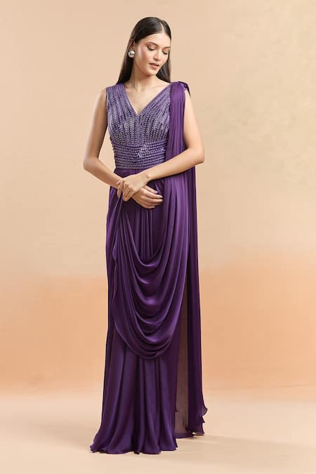 Amit Aggarwal_Purple Cut Work V-neck Cutdana Embellished Saree Gown _at_Aza_Fashions