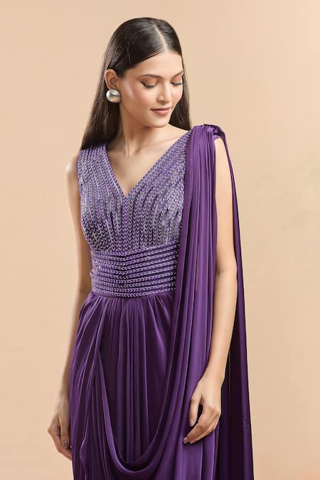 Buy_Amit Aggarwal_Purple Cut Work V-neck Cutdana Embellished Saree Gown 