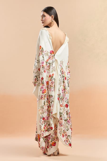 Shop_Anamika Khanna_Multi Color Chiffon Embroidery Floral Printed Cape And Draped Skirt Set_at_Aza_Fashions