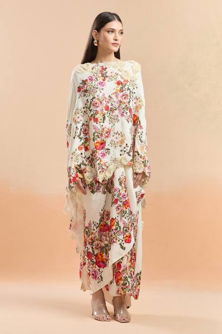 Anamika Khanna_Multi Color Chiffon Embroidery Floral Printed Cape And Draped Skirt Set_Online_at_Aza_Fashions