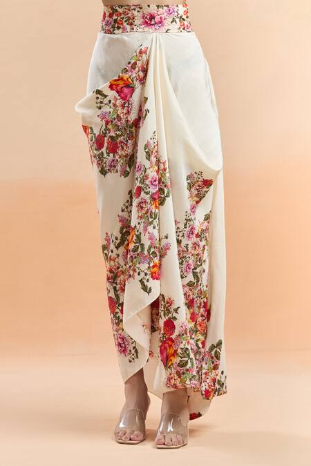 Buy_Anamika Khanna_Multi Color Chiffon Embroidery Floral Printed Cape And Draped Skirt Set_Online_at_Aza_Fashions