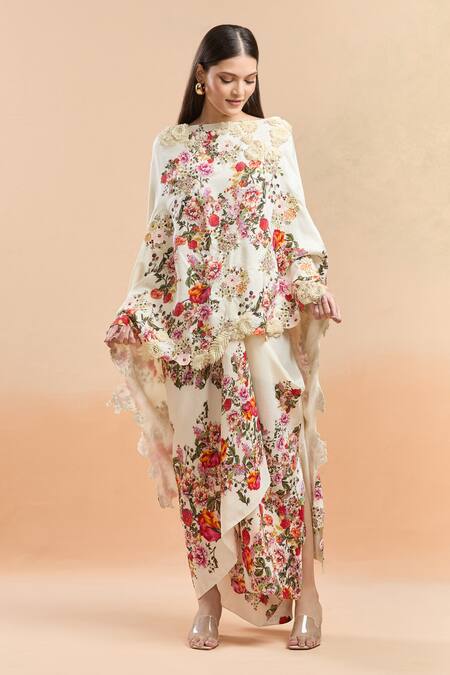 Shop_Anamika Khanna_Multi Color Chiffon Embroidery Floral Printed Cape And Draped Skirt Set_Online_at_Aza_Fashions