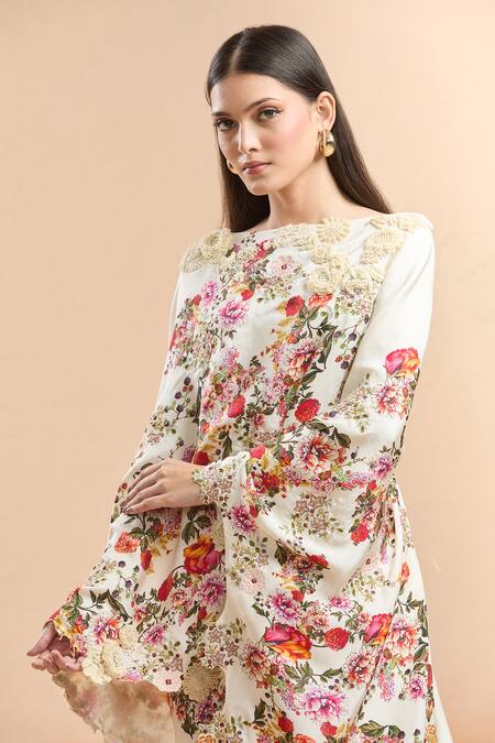 Anamika Khanna_Multi Color Chiffon Embroidery Floral Printed Cape And Draped Skirt Set_at_Aza_Fashions