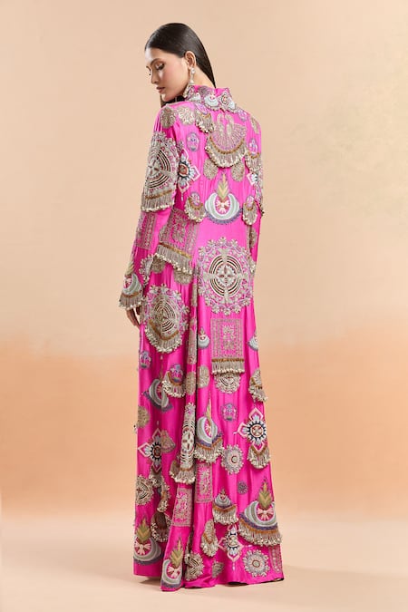 Shop Anamika Khanna Pink Silk Tassels, Embroidery Embellished Longline Jacket And Draped Skirt at Aza Fashions Shop_Anamika Khanna_Pink Silk Tassels, Embroidery Embellished Longline Jacket And Draped Skirt_at_Aza_Fashions