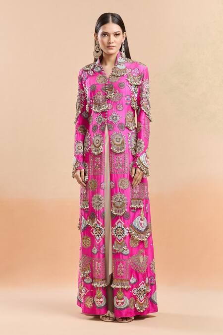 Anamika Khanna Pink Silk Tassels, Embroidery Embellished Longline Jacket And Draped Skirt Online at Aza Fashions Anamika Khanna_Pink Silk Tassels, Embroidery Embellished Longline Jacket And Draped Skirt_Online_at_Aza_Fashions