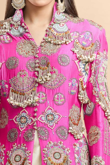 Buy Anamika Khanna Pink Silk Tassels, Embroidery Embellished Longline Jacket And Draped Skirt Online at Aza Fashions Buy_Anamika Khanna_Pink Silk Tassels, Embroidery Embellished Longline Jacket And Draped Skirt_Online_at_Aza_Fashions