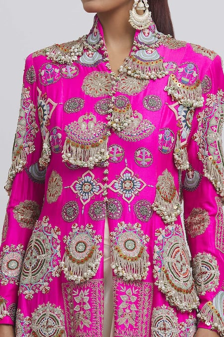 Anamika Khanna Pink Silk Tassels, Embroidery Embellished Longline Jacket And Draped Skirt at Aza Fashions Anamika Khanna_Pink Silk Tassels, Embroidery Embellished Longline Jacket And Draped Skirt_at_Aza_Fashions