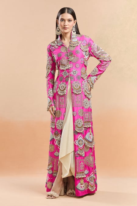 Buy Anamika Khanna Pink Silk Tassels, Embroidery Embellished Longline Jacket And Draped Skirt Buy_Anamika Khanna_Pink Silk Tassels, Embroidery Embellished Longline Jacket And Draped Skirt