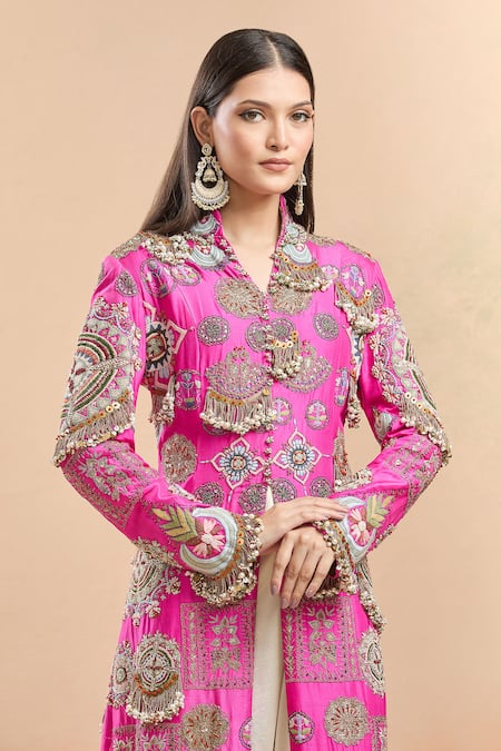 Shop Anamika Khanna Pink Silk Tassels, Embroidery Embellished Longline Jacket And Draped Skirt Shop_Anamika Khanna_Pink Silk Tassels, Embroidery Embellished Longline Jacket And Draped Skirt