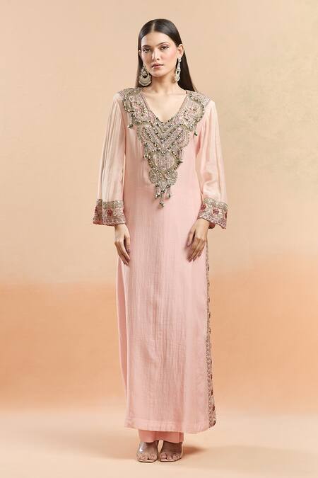 Anamika Khanna Pink Beads V-neck Embellished Kurta And Draped Skirt Set Online at Aza Fashions Anamika Khanna_Pink Beads V-neck Embellished Kurta And Draped Skirt Set_Online_at_Aza_Fashions