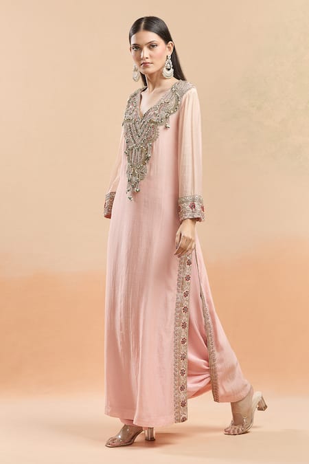 Shop Anamika Khanna Pink Beads V-neck Embellished Kurta And Draped Skirt Set Online at Aza Fashions Shop_Anamika Khanna_Pink Beads V-neck Embellished Kurta And Draped Skirt Set_Online_at_Aza_Fashions