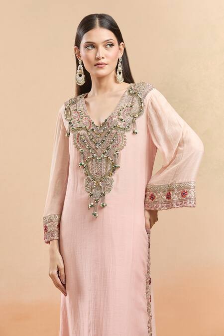 Anamika Khanna Pink Beads V-neck Embellished Kurta And Draped Skirt Set at Aza Fashions Anamika Khanna_Pink Beads V-neck Embellished Kurta And Draped Skirt Set_at_Aza_Fashions