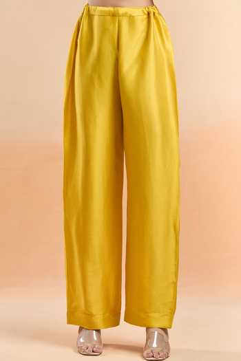 Shop_Anamika Khanna_Yellow Silk Sequins, Embroidery Round Neck Floral Kurta Set _Online_at_Aza_Fashions