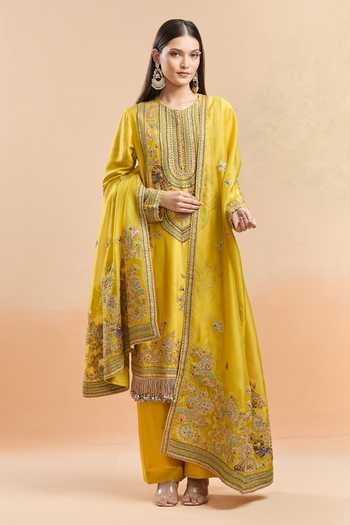 Anamika Khanna_Yellow Silk Sequins, Embroidery Round Neck Floral Kurta Set _at_Aza_Fashions
