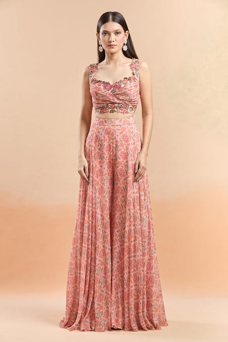 Ridhi Mehra Pink Net Embroidery, Beads Sweetheart Neck Floral Printed Cape And Sharara Set Online at Aza Fashions Ridhi Mehra_Pink Net Embroidery, Beads Sweetheart Neck Floral Printed Cape And Sharara Set _Online_at_Aza_Fashions