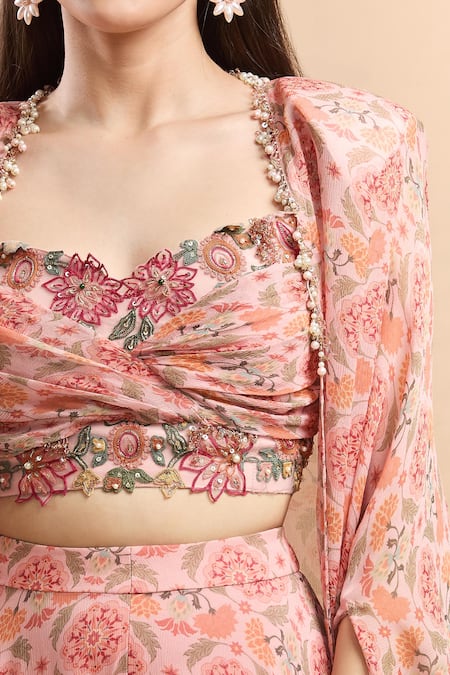 Buy Ridhi Mehra Pink Net Embroidery, Beads Sweetheart Neck Floral Printed Cape And Sharara Set Online at Aza Fashions Buy_Ridhi Mehra_Pink Net Embroidery, Beads Sweetheart Neck Floral Printed Cape And Sharara Set _Online_at_Aza_Fashions