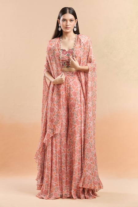 Ridhi Mehra Pink Net Embroidery, Beads Sweetheart Neck Floral Printed Cape And Sharara Set at Aza Fashions Ridhi Mehra_Pink Net Embroidery, Beads Sweetheart Neck Floral Printed Cape And Sharara Set _at_Aza_Fashions