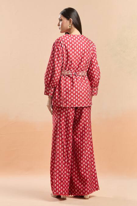 Shop Ridhi Mehra Red Cotton Embroidery Round Neck Floral Print Shirt And Bell Bottom Pant Set at Aza Fashions Shop_Ridhi Mehra_Red Cotton Embroidery Round Neck Floral Print Shirt And Bell Bottom Pant Set_at_Aza_Fashions