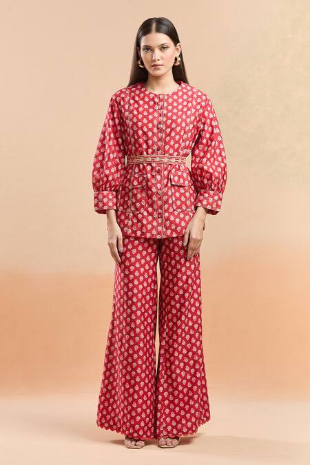 Ridhi Mehra Red Cotton Embroidery Round Neck Floral Print Shirt And Bell Bottom Pant Set Online at Aza Fashions Ridhi Mehra_Red Cotton Embroidery Round Neck Floral Print Shirt And Bell Bottom Pant Set_Online_at_Aza_Fashions