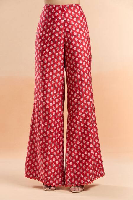 Shop Ridhi Mehra Red Cotton Embroidery Round Neck Floral Print Shirt And Bell Bottom Pant Set Online at Aza Fashions Shop_Ridhi Mehra_Red Cotton Embroidery Round Neck Floral Print Shirt And Bell Bottom Pant Set_Online_at_Aza_Fashions