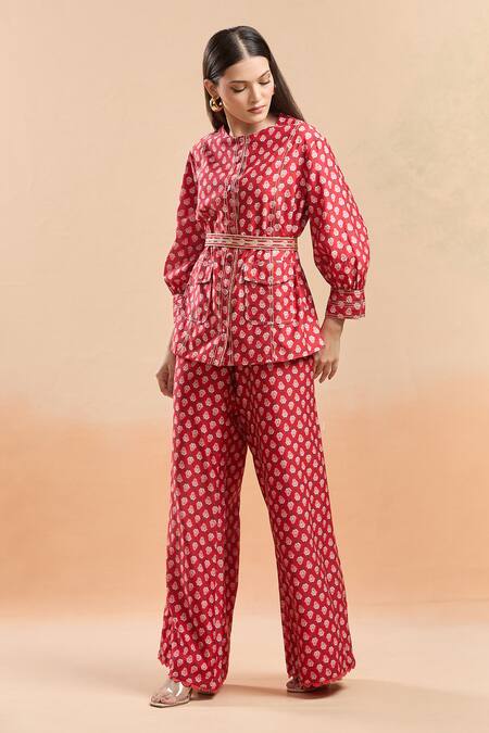 Ridhi Mehra Red Cotton Embroidery Round Neck Floral Print Shirt And Bell Bottom Pant Set at Aza Fashions Ridhi Mehra_Red Cotton Embroidery Round Neck Floral Print Shirt And Bell Bottom Pant Set_at_Aza_Fashions