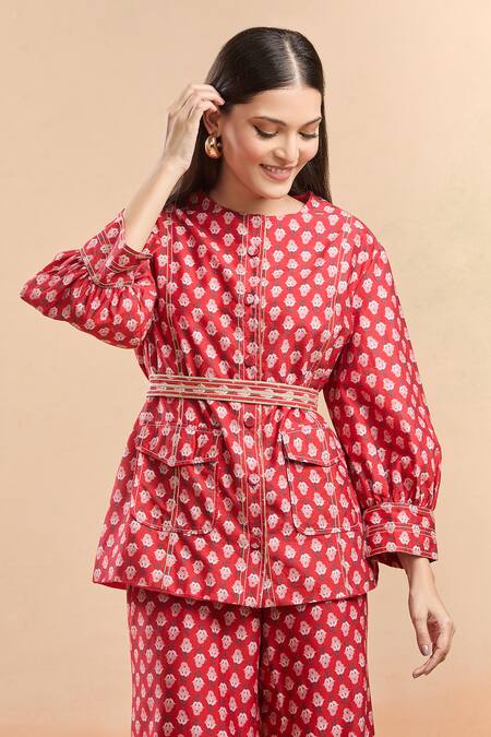 Buy Ridhi Mehra Red Cotton Embroidery Round Neck Floral Print Shirt And Bell Bottom Pant Set Buy_Ridhi Mehra_Red Cotton Embroidery Round Neck Floral Print Shirt And Bell Bottom Pant Set