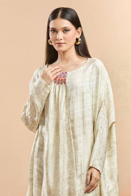 Buy_Saaksha & Kinni_White Cotton Embroidery Boat Neck Placed Kaftan Top _Online_at_Aza_Fashions