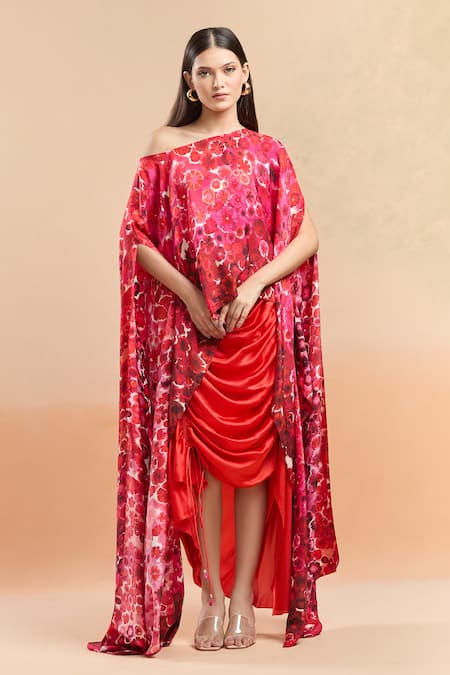 Saaksha & Kinni Multi Color Printed Bloom Floral Boat Cape And Draped Skirt Set 