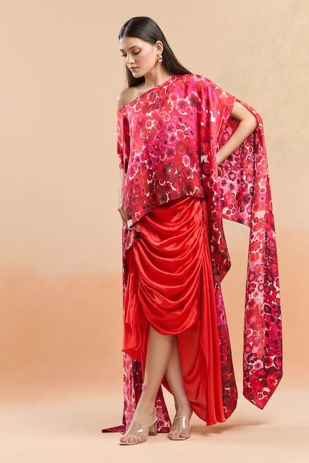 Shop Saaksha & Kinni Multi Color Floral Bloom Cape And Draped Skirt Set Online at Aza Fashions Shop_Saaksha & Kinni_Multi Color Floral Bloom Cape And Draped Skirt Set _Online_at_Aza_Fashions