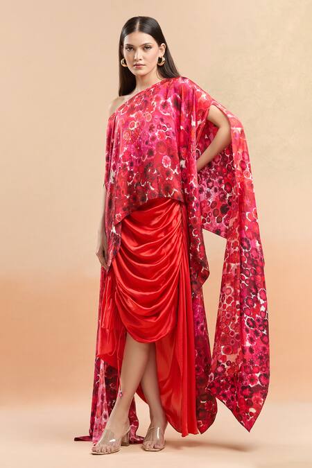 Saaksha & Kinni Multi Color Floral Bloom Cape And Draped Skirt Set at Aza Fashions Saaksha & Kinni_Multi Color Floral Bloom Cape And Draped Skirt Set _at_Aza_Fashions