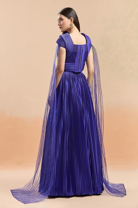 Shop Amit Aggarwal Blue Tulle, Jersey, Polyester V-neck Plisse Skirt And Structured Top Set at Aza Fashions Shop_Amit Aggarwal_Blue Tulle, Jersey, Polyester V-neck Plisse Skirt And Structured Top Set _at_Aza_Fashions