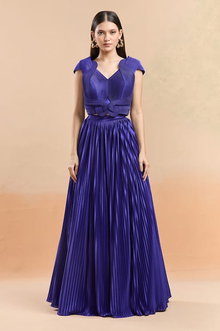 Amit Aggarwal Blue Tulle, Jersey, Polyester V-neck Plisse Skirt And Structured Top Set Online at Aza Fashions Amit Aggarwal_Blue Tulle, Jersey, Polyester V-neck Plisse Skirt And Structured Top Set _Online_at_Aza_Fashions