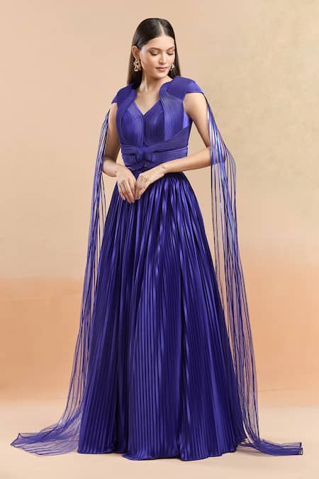 Shop Amit Aggarwal Blue Tulle, Jersey, Polyester V-neck Plisse Skirt And Structured Top Set Online at Aza Fashions Shop_Amit Aggarwal_Blue Tulle, Jersey, Polyester V-neck Plisse Skirt And Structured Top Set _Online_at_Aza_Fashions