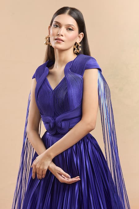 Amit Aggarwal Blue Tulle, Jersey, Polyester V-neck Plisse Skirt And Structured Top Set at Aza Fashions Amit Aggarwal_Blue Tulle, Jersey, Polyester V-neck Plisse Skirt And Structured Top Set _at_Aza_Fashions
