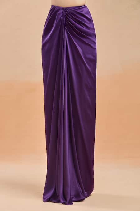 Amit Aggarwal_Purple Chiffon, Polyester Boat Neck Metallic Draped Saree Set _Online_at_Aza_Fashions