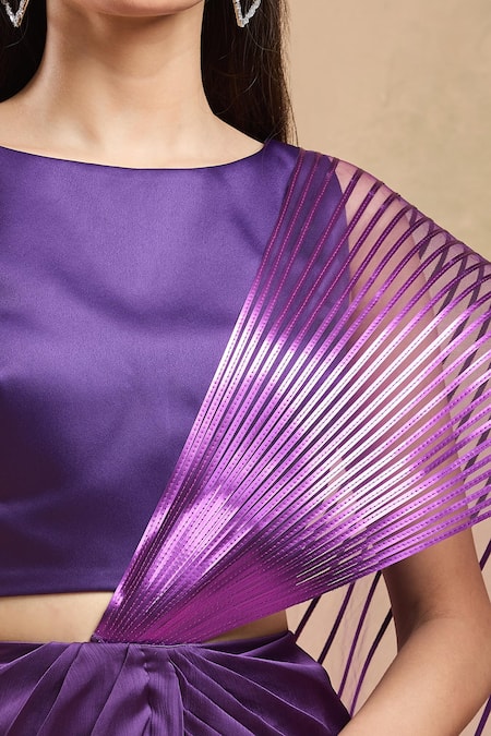Shop_Amit Aggarwal_Purple Chiffon, Polyester Boat Neck Metallic Draped Saree Set _Online_at_Aza_Fashions