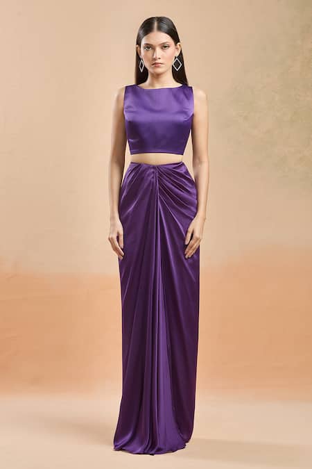 Buy_Amit Aggarwal_Purple Chiffon, Polyester Boat Neck Metallic Draped Saree Set 