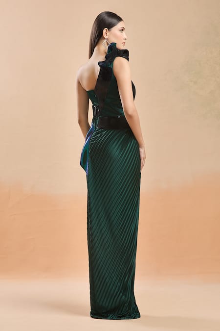 Amit Aggarwal Emerald Green Moulded Metallic Gown 