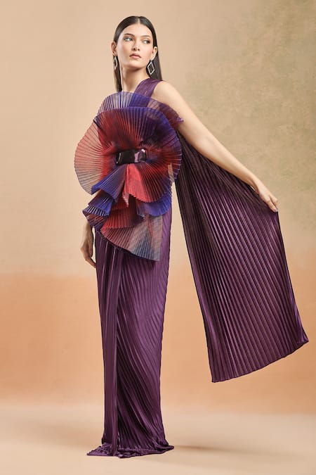 Amit Aggarwal Purple 3d Structures Straight Floral Draped Gown 