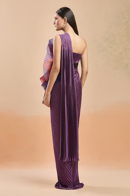 Shop Amit Aggarwal Purple Round Neck Floral Structured Draped Gown at Aza Fashions Shop_Amit Aggarwal_Purple Round Neck Floral Structured Draped Gown _at_Aza_Fashions