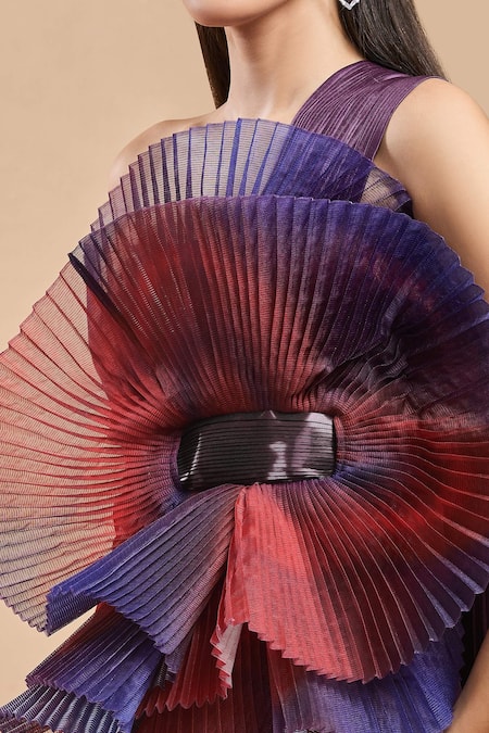 Amit Aggarwal Purple Round Neck Floral Structured Draped Gown Online at Aza Fashions Amit Aggarwal_Purple Round Neck Floral Structured Draped Gown _Online_at_Aza_Fashions