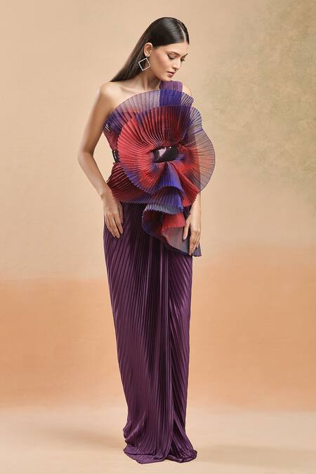 Buy Amit Aggarwal Purple Round Neck Floral Structured Draped Gown Online at Aza Fashions Buy_Amit Aggarwal_Purple Round Neck Floral Structured Draped Gown _Online_at_Aza_Fashions