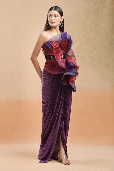 Shop Amit Aggarwal Purple Round Neck Floral Structured Draped Gown Online at Aza Fashions Shop_Amit Aggarwal_Purple Round Neck Floral Structured Draped Gown _Online_at_Aza_Fashions